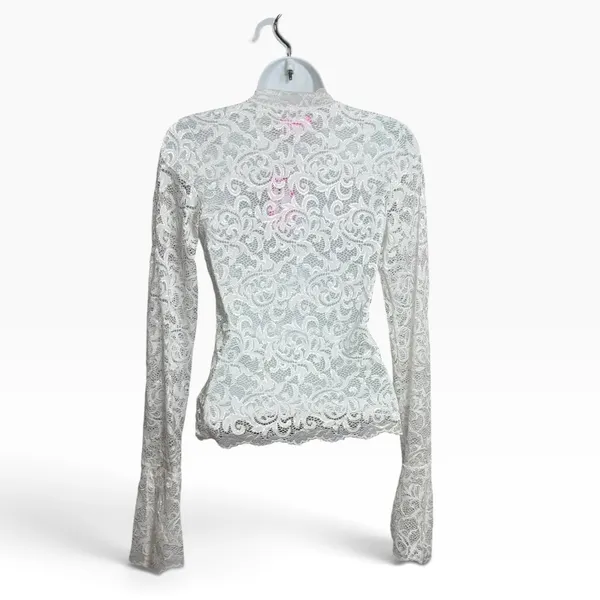 Edikted White Sheer Floral Lace Deep V-Neck Long Flared Sleeve Top Small NEW - Image 3