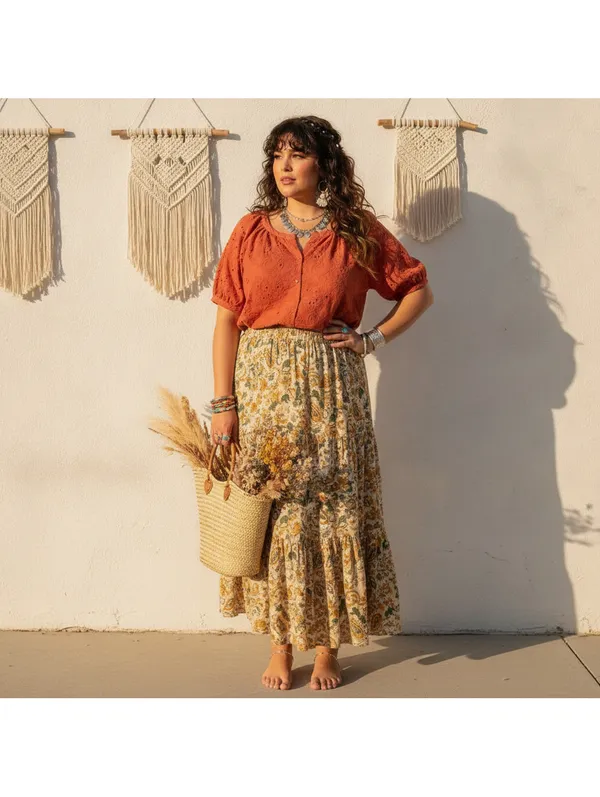 Rust Orange Eyelet Embroidered Puff Sleeve Button Front Blouse Boho Top 1X Size XL - Image 5