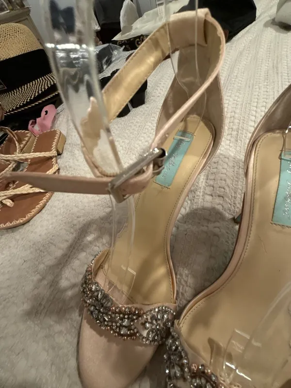Blue by Betsey Johnson Gina Champagne Satin Rhinestone Ankle Strap Heels - Image 6