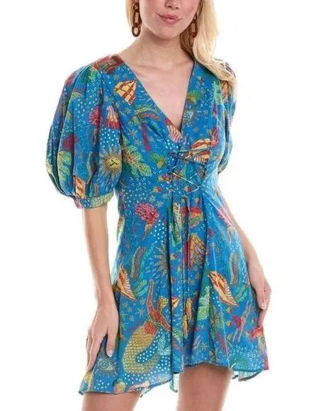 Farm Rio Embellished Lace Up Ocean Stories Printed Swiss Dot Cotton Mini Dress - Image 6