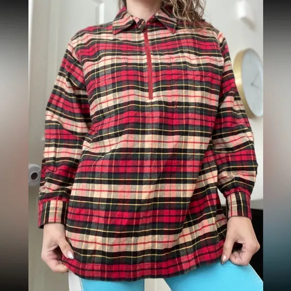 Vintage Eddie Bauer‎ Plaid Half Zip Flannel Sweater Top Sz S Red Granola Outdoor - Image 2