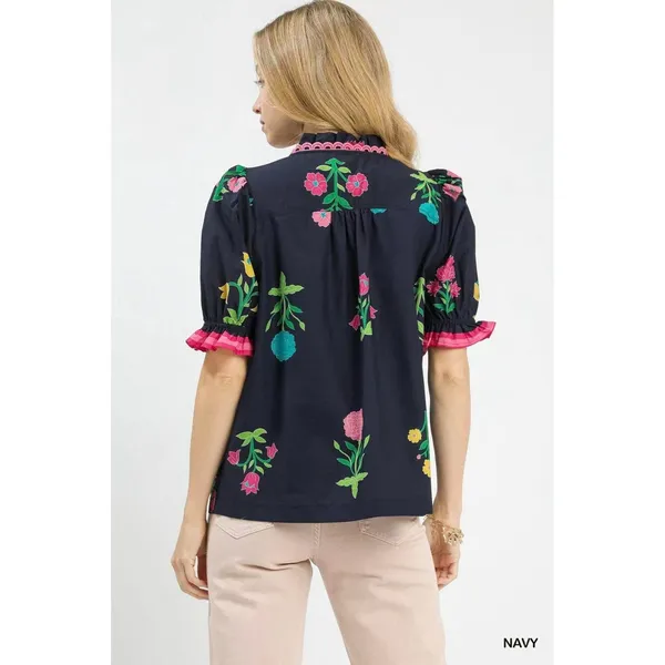 Umgee‎ Petal Parade Print Button-Down Blouse - Navy - Medium - Image 3
