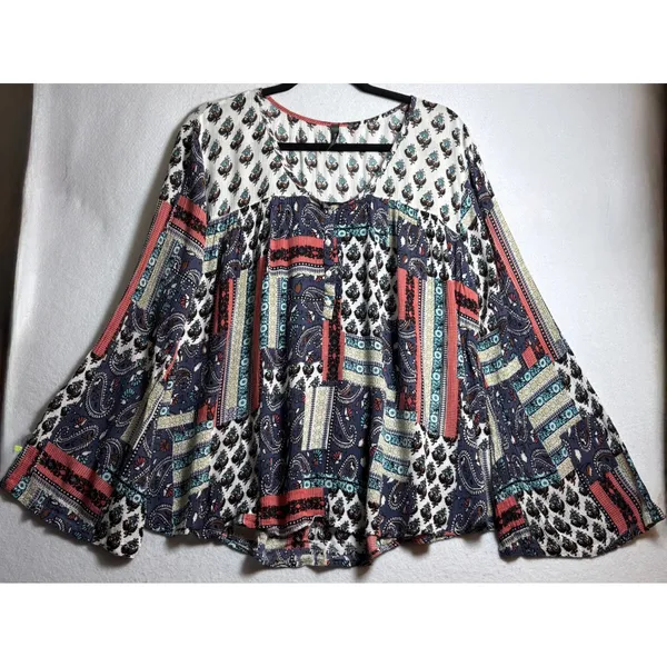 Massini Womens Large Patchwork Paisley Bell Sleeve Boho Peasant Blouse Top - Image 2