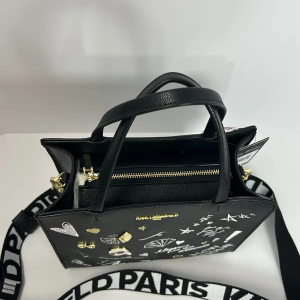 Karl Lagerfeld Paris Black Leather Graffiti Tote Bag‎ Crossbody Strap - Image 8