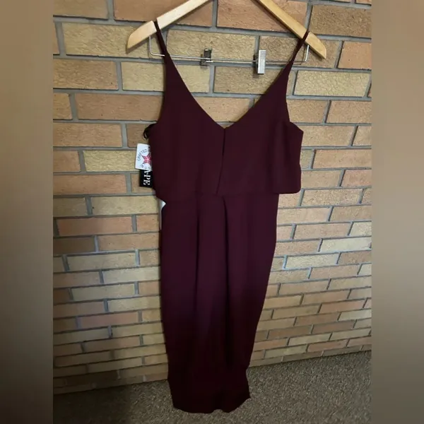 NWT XSCAPE Scuba Crepe Popover Faux Wrap Midi Dress Size 8 Maroon - Image 5