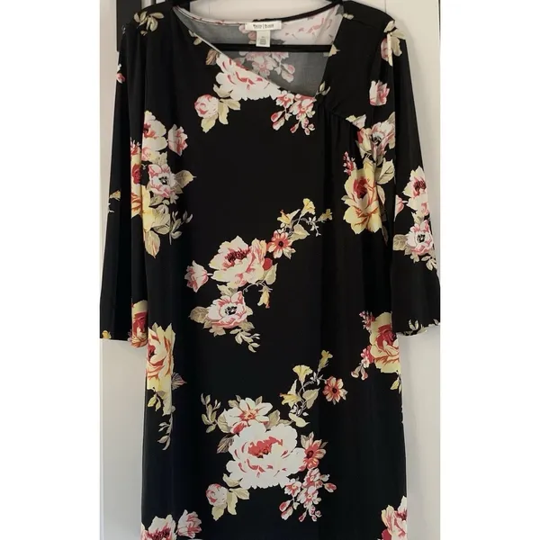 WHBM Black Floral Shift Dress XL Pink Rose Print 3/4 Sleeve Career Church - Image 7