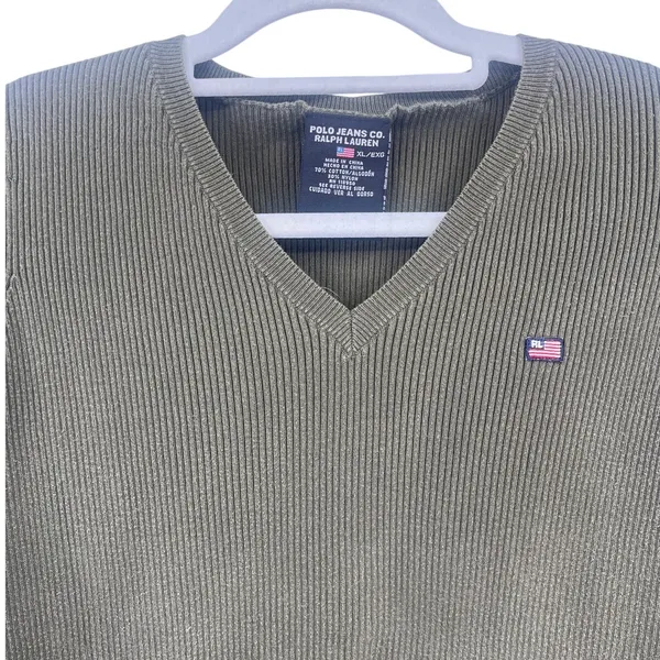 Ralph Lauren Vtg Polo Jeans Y2K Womens Sweater Sz XL Olive Ribbed Preppy Quiet Luxury Flag - Image 3