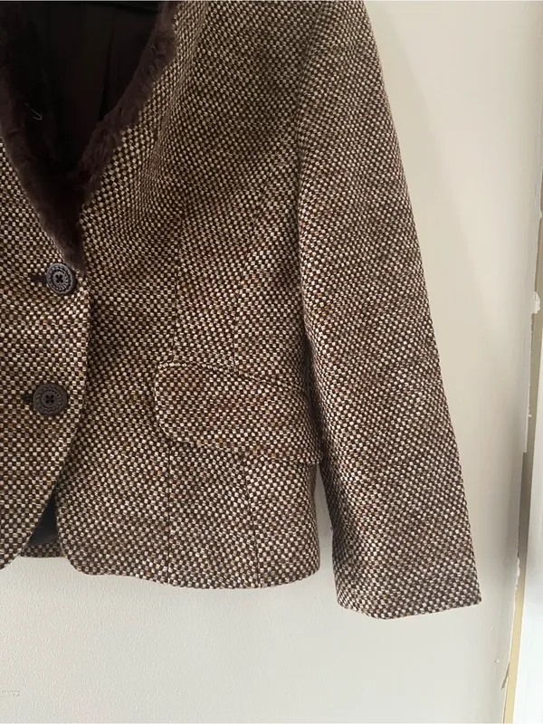 Brown Wool Tweed Blazer Fur Collar Medium Preppy Academia Equestrian Old Money - Image 4