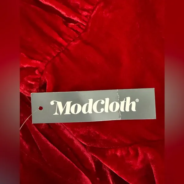 Modcloth Women’s Red Velvet Mini Dress Smocked Puff Sleeve Coquette NWT L - Image 11