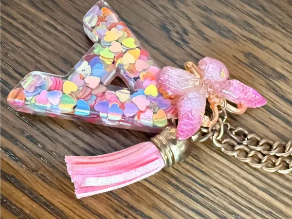 Yika Letter A Initial Keychain Resin Charm w/ Butterfly Tassel Pendant Pink NWOT - Image 6