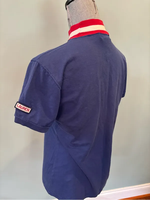 Vintage Lauren Ralph Lauren Royal Blue Tee with Red & White Striped Mock Neck - Image 4