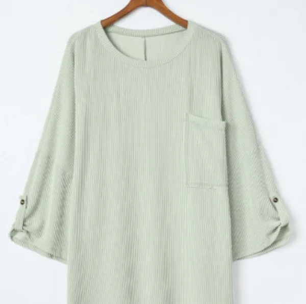 NEW Pale Green Ribbed Oversized Slouchy Roll Tab Sleeve Top Size Small - Image 8