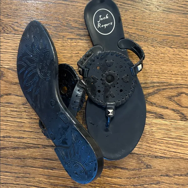 Jack Rogers Black Leather Round Medallion Thong Sandals, 7 - Image 2