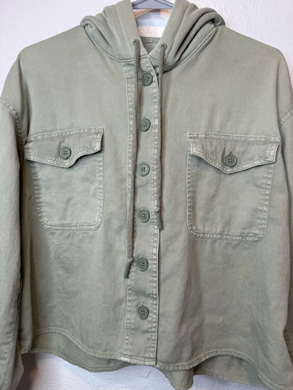 American Eagle Olive Utility Hooded Cropped Button Front Shacket Jacket Size M - Image 4