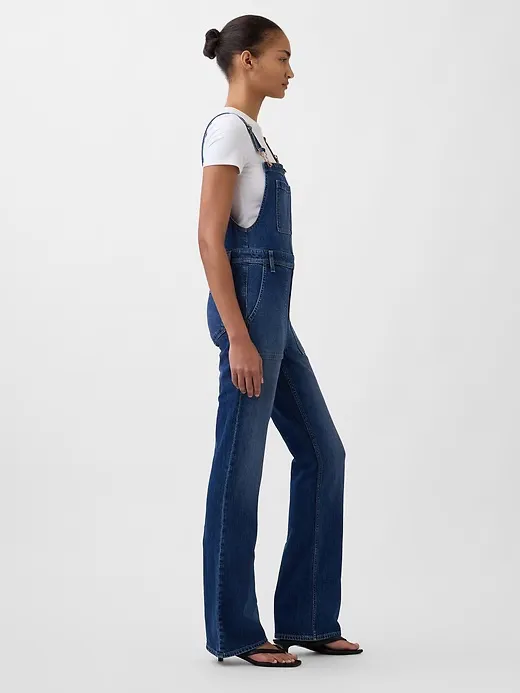 GAP long & Lean side zip dark denim bib overalls flare leg size Medium - Image 2