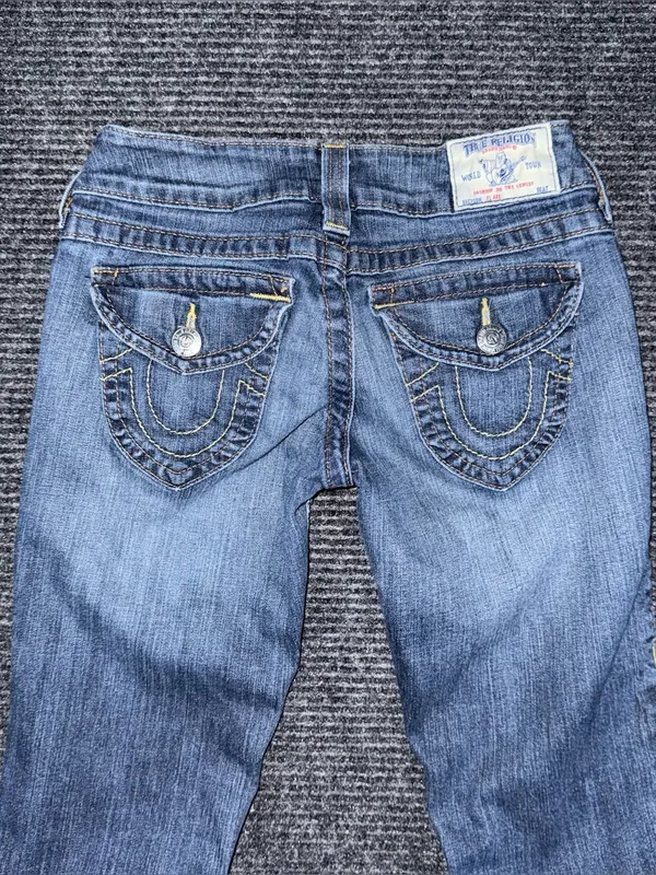 RARE Vintage True Religion Low Rise Twisted Flare Jeans 26 x 33 Flap Pockets y2k - Image 5