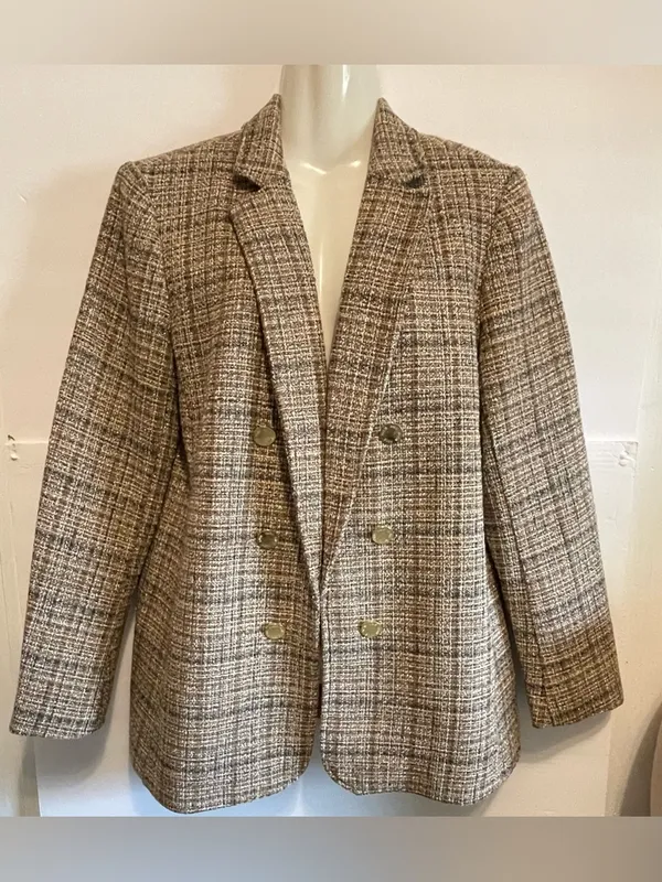 Anne Klein Brown & Cream Tweed Jacket with Gold Lining - Image 2