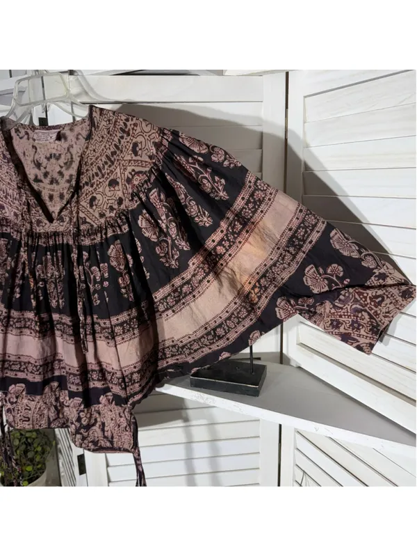 Vintage 70s hippie boho top paisley floral oversized cotton brown whimsigoth M - Image 3