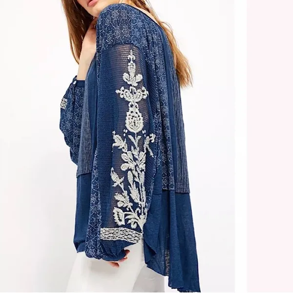 Free People Indigo Dreams Oversized Tunic Top Navy Blue Small NEW Boho Chic - Image 4