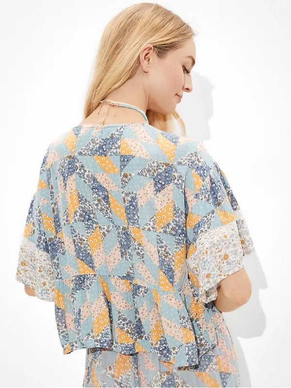 AE Floral Lace-Up Flutter-Sleeve Blouse - Image 2