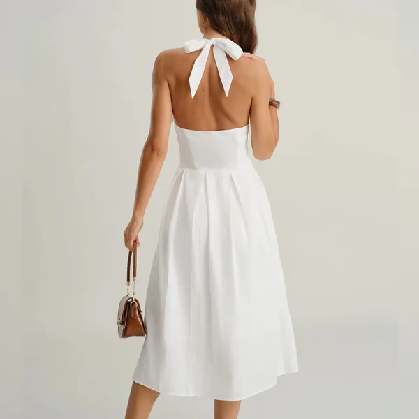 Rihoas White V Neck Halter Sleeveless Midi Dress - Image 4