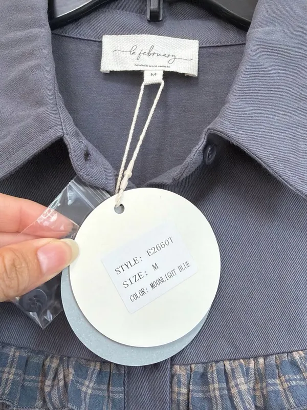 in february Moonlight Blue Plaid Mixed Media Ruffle Yoke Cotton Top Size M NWT - Image 5