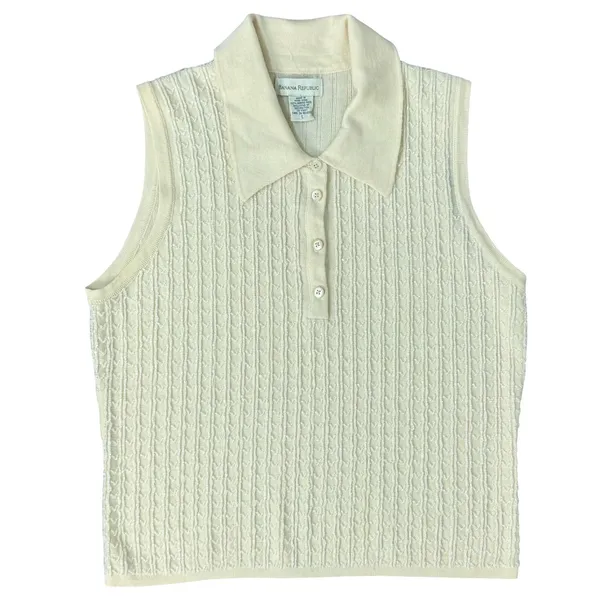 Vintage Banana Republic Cream Merino Wool Beaded Sleeveless Polo Sweater Tank L - Image 2