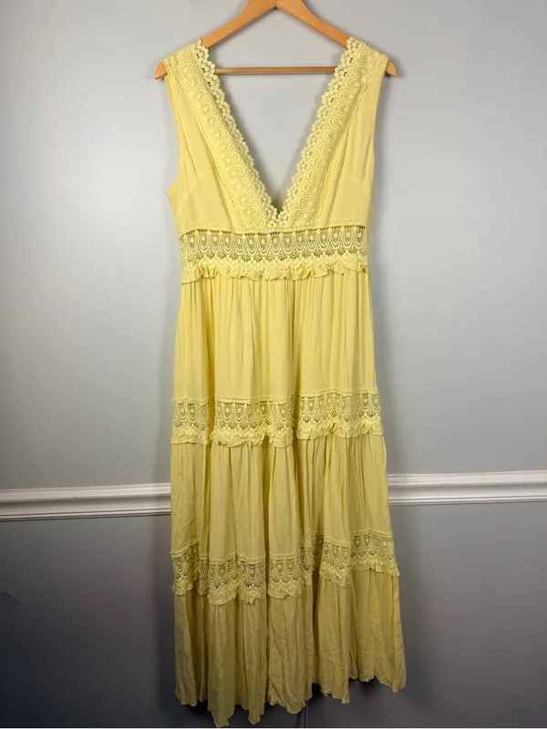 Mable boho yellow sleeveless maxi tiered dress size large - Image 2