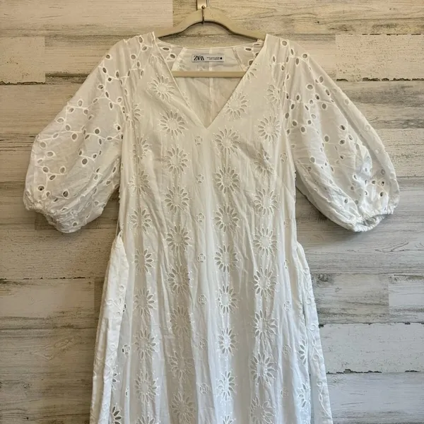 Zara Eyelet Cotton Midi Dress Puff Sleeve Belted Floral Ruffle Tiered Medium - Image 6