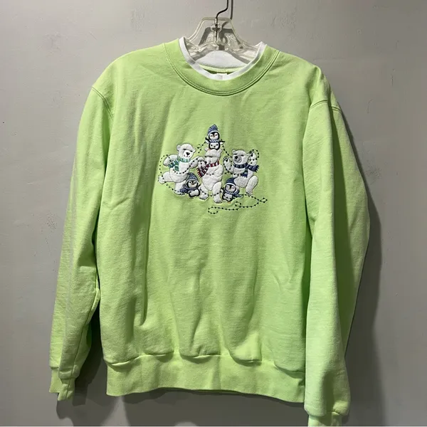Morning Sun Polar Bear Embroidered Green Christmas Sweatshirt Size Large‎ - Image 7