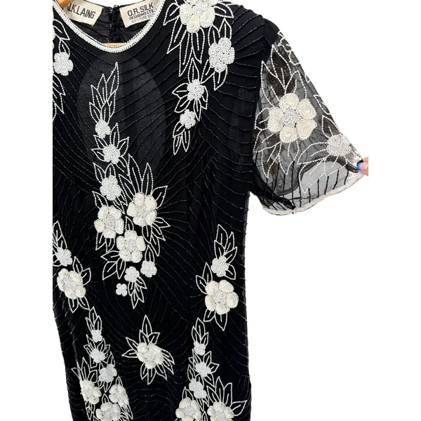 J.K. Laing Vintage Silk Beaded Floral Shift Dress Black White XL Keyhole‎ Back - Image 4