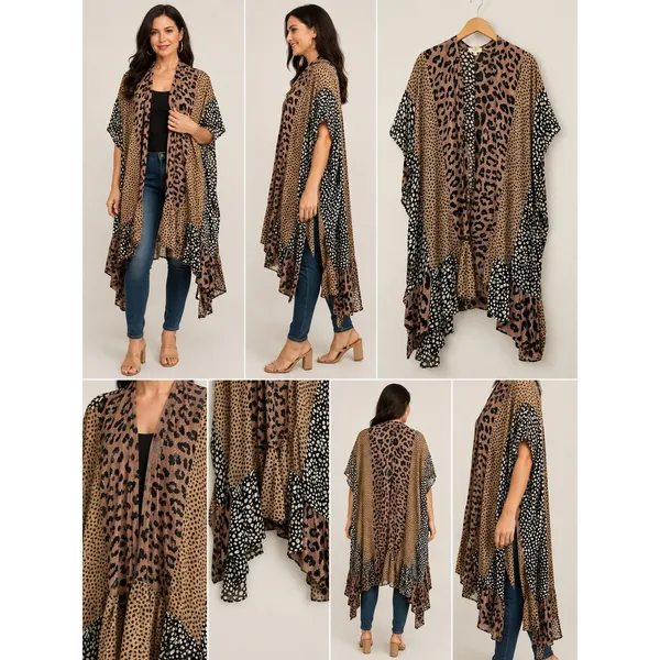 Umgee Womens‎ Leopard Patchwork Ruffle Kimono Wrap Brown Black SM - Image 2