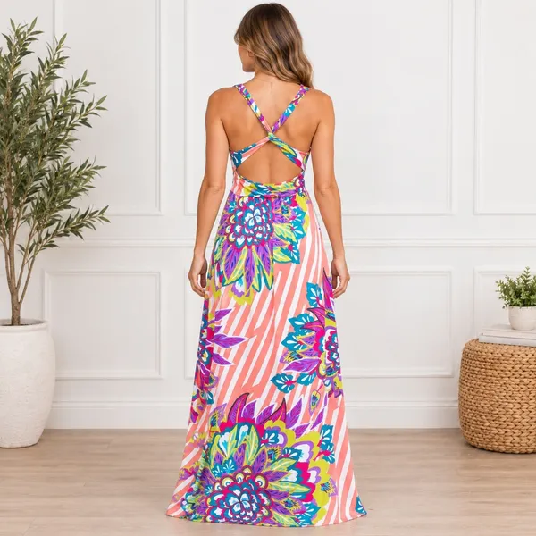 Flying Tomato Floral Striped Maxi Dress V-Neck Open Back ID10766 Multicolor M - Image 4