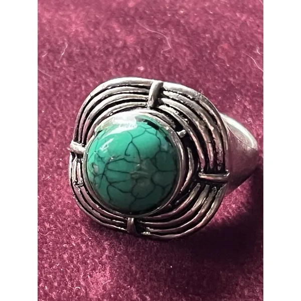 Size 11 Statement Faux Turquoise Ring - Modernist Silver-Tone Cage Design - Image 2