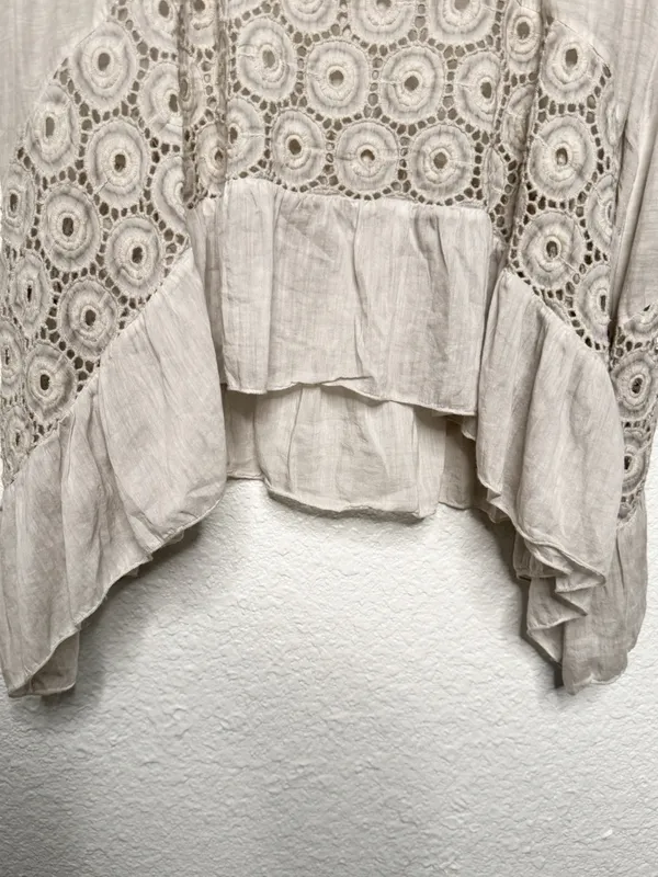 Saga Boho Tunic Dress Light Taupe Crochet Lace Handkerchief Hem Size M - Image 5