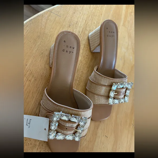 A New Day Beige Mules with Crystal Buckle rattan size 10 - Image 2