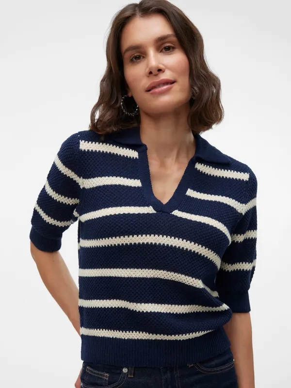 NEW Vero Moda VMamazing Navy & Cream Striped V-Neck Polo crop Sweater women’s XL - Image 2
