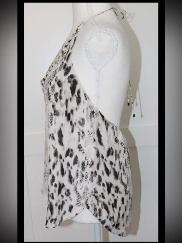Haute Hippie Scarface Beaded 100% Silk Halter Top Leopard Snake Print Size Large - Image 4