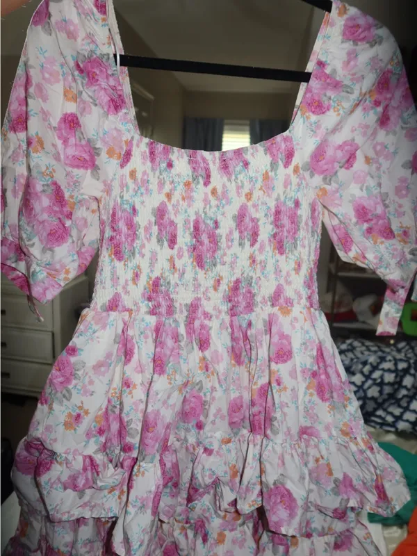 fab'rik Pink Floral Smocked Ruffle Dress - Image 4