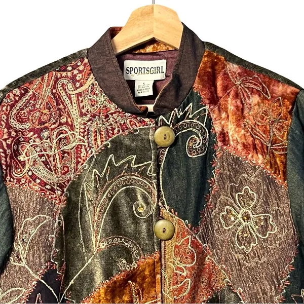 Vintage Womens Artsy Velvet Denim Patchwork Tapestry Jacket Size S Boho - Image 2