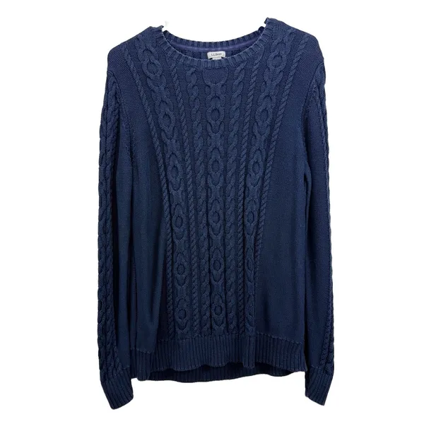 LL Bean Navy Blue Double L Mixed Cable Cotton Crew Neck Pullover Sweater LARGE - Image 3