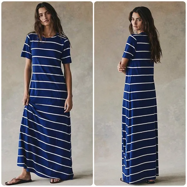 NWT Free People Womens Blue Sleek And Striped Cotton Jersey Coastal Maxi Dress M - Image 2