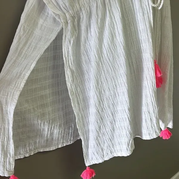 aerie White Striped Oversized Drawstring Beach/Pool V-Neck Coverup w/ Slits-XS-S - Image 3