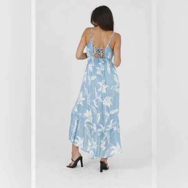 NWT Angie LACE UP BACK DETAIL MIDI DRESS WITH SIDE SLIT Blue Size Small - Image 3