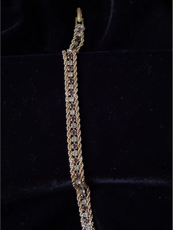 Vintage Mid-Century Gold Tone Purple & Clear Rhinestone Tennis Bracelet 7" - Image 3