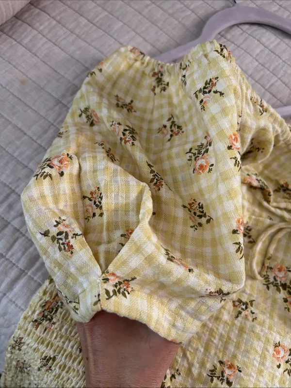 RVCA Gretel yellow gingham Floral smocked cottage puff Sleeve Mini Dress L - Image 12