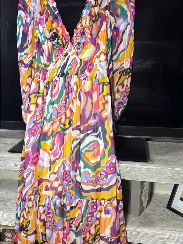 Anthropologie Multicolor Swirl-Print V-Neck Tiered Maxi Dress - Image 5