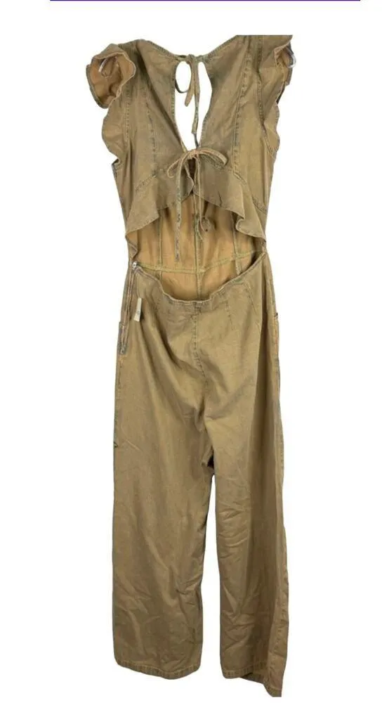 NEW Free People Women’s Size Small Brown Love Bite Back Tie Denim Jumpsuit - Image 4