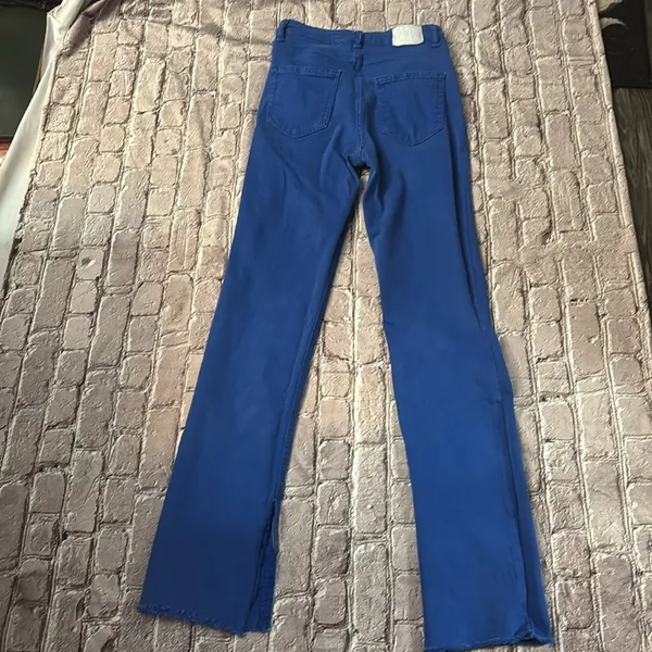 ZARA Straight Leg Jeans 2 High Rise Hem Slit Frayed Cobalt Blue Denim Casual - Image 2