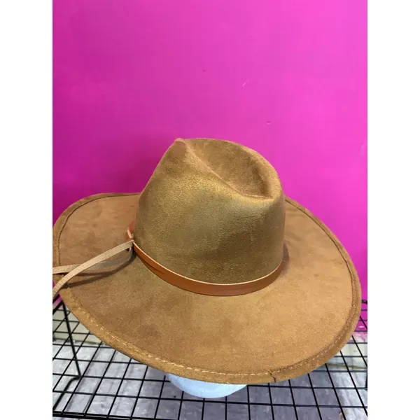Camel Brown Faux Suede Wide Brim Fedora Hat with Tassel Band RN157656 - Image 5